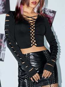ROMWE PUNK 梯狀鏤空短款T恤 - 黑色 - 查看 1