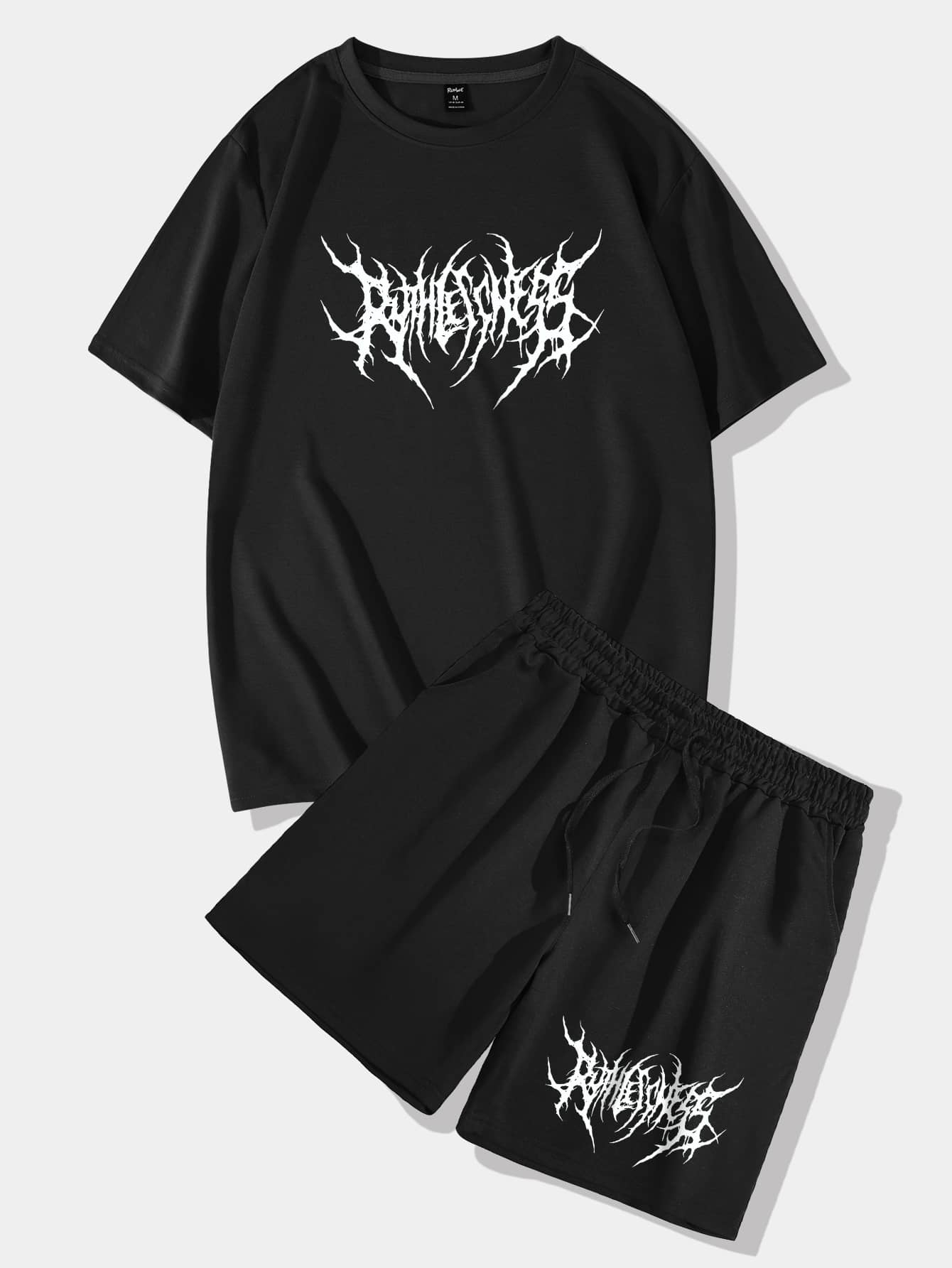 ROMWE MEN 2st/set herr T-shirt och shorts med rund hals, lämplig för vår/sommar - Svart - Visa 1