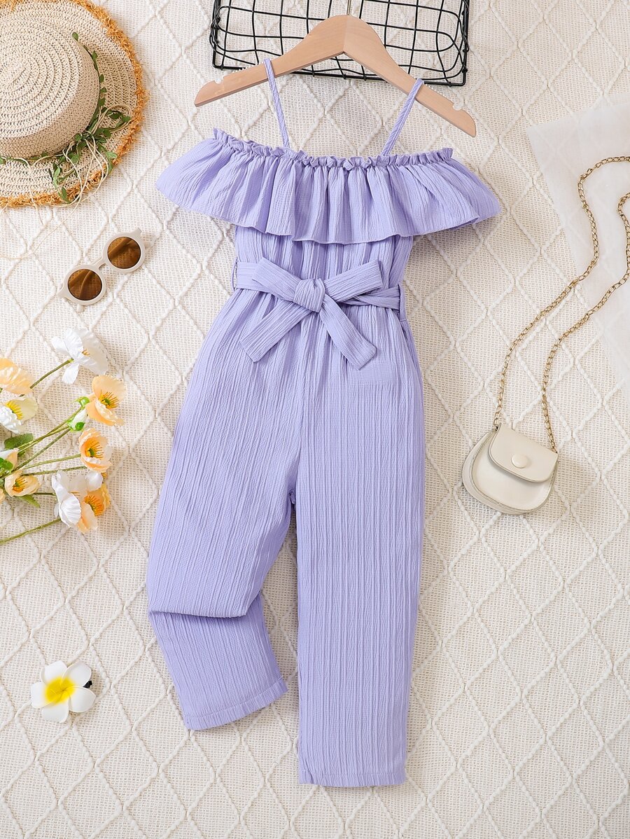 SHEIN Young Girl Vacation Leisure Halter Neck Jumpsuit With Ruffle Trim Top And Belted Wide Leg Pant For Spring And Summer - Purple - View 1