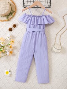 SHEIN Young Girl Vacation Leisure Halter Neck Jumpsuit With Ruffle Trim Top And Belted Wide Leg Pant For Spring And Summer - Purple - View 2