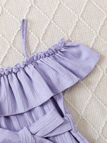 SHEIN Young Girl Vacation Leisure Halter Neck Jumpsuit With Ruffle Trim Top And Belted Wide Leg Pant For Spring And Summer - Purple - View 3