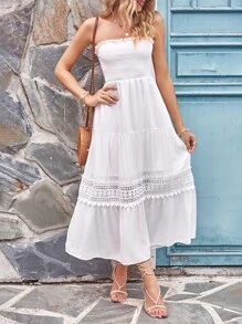 Mulvari Contrast Lace Ruffle Hem Tube Dress - White - View 3