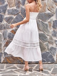 Mulvari Contrast Lace Ruffle Hem Tube Dress - White - View 2