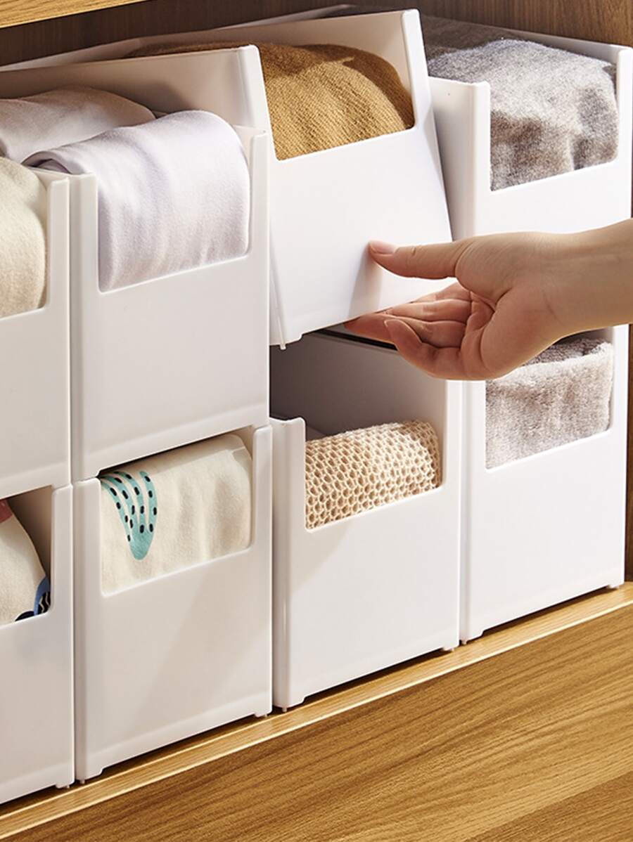 1pc White Plastic Closet Space Division Storage Box For Clothes, Socks, Underwear, Pants, Etc. - White - View 1