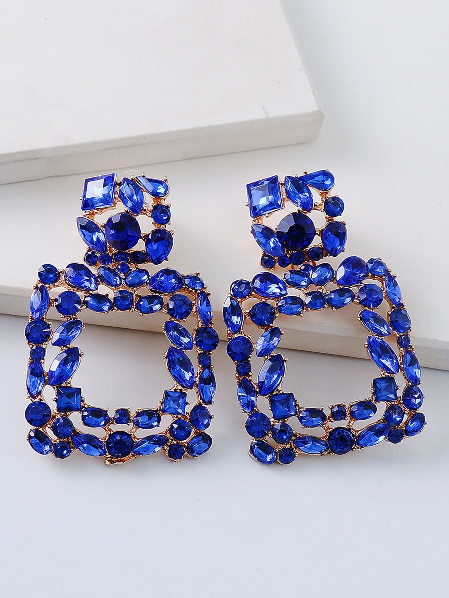 juran 2pcs Rhinestone Decor Square Drop Earrings - Blue - View 1