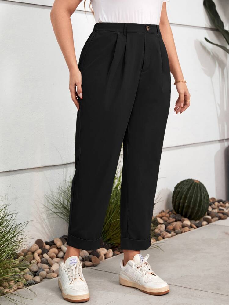 Pantalon femme taille haute d'été avec détail plissé, ourlet enroulé, pantalon plissé noir ample, pantalon grande taille, pantalon taille haute