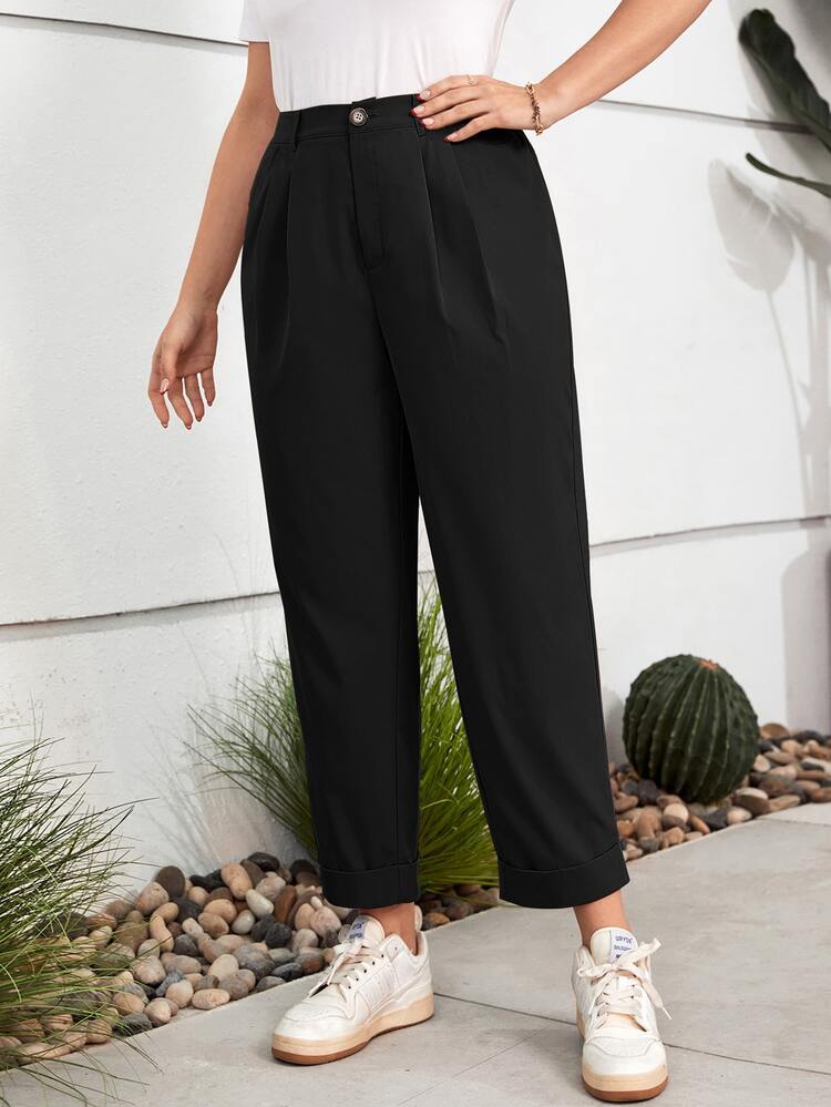 Pantalon femme taille haute d'été avec détail plissé, ourlet enroulé, pantalon plissé noir ample, pantalon grande taille, pantalon taille haute