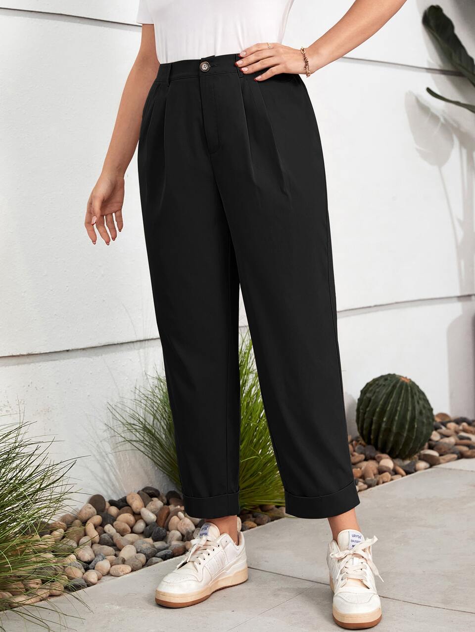 Plus Summer Women High Waist Plicated Detail Roll Hem Pants Pleated Pantsblack Baggy Pantsshein Tall Pantshigh Waist Pants