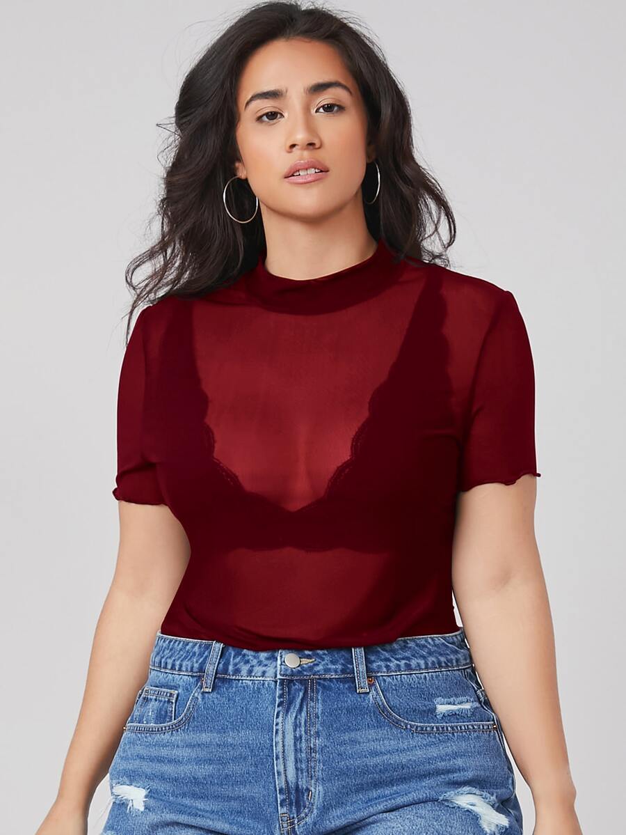 SHEIN Essnce 大碼小高領網紗上衣不附文胸 - 酒紅色 - 查看 1