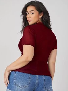 SHEIN Essnce 大碼小高領網紗上衣不附文胸 - 酒紅色 - 查看 2
