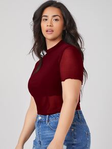 SHEIN Essnce 大碼小高領網紗上衣不附文胸 - 酒紅色 - 查看 3