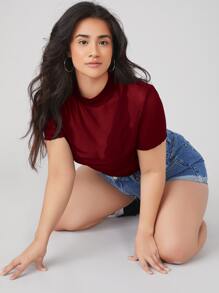 SHEIN Essnce 大碼小高領網紗上衣不附文胸 - 酒紅色 - 查看 4