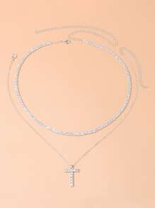 2 cái/bộ Vòng cổ chữ thập bằng đá nhân tạo - Bạc - Xem 1