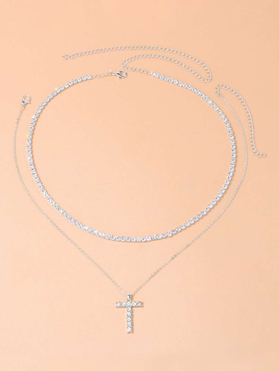 2 cái/bộ Vòng cổ chữ thập bằng đá nhân tạo - Bạc - Xem 1