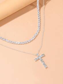 2 cái/bộ Vòng cổ chữ thập bằng đá nhân tạo - Bạc - Xem 2