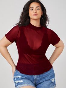 SHEIN Essnce 大碼小高領網紗上衣不附文胸 - 酒紅色 - 查看 5