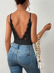Chiquease Contrast Lace Backless Cami Bodysuit - Black - View 1