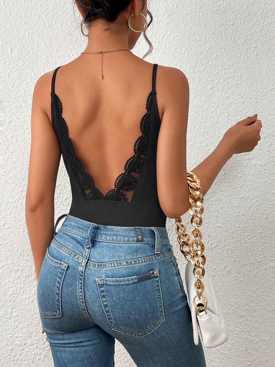 Chiquease Contrast Lace Backless Cami Bodysuit - Black - View 1
