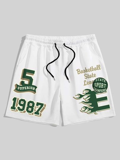 Prep Guys Letter Graphic Drawstring Waist Shorts