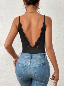 Chiquease Contrast Lace Backless Cami Bodysuit - Black - View 5