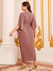 Modelyn Plus Bell Sleeve Ruched Waist Glitter Dress - Dusty Pink - View 2