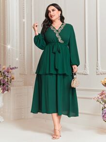 Modelyn 大碼貼花燈籠袖繫腰帶連衣裙 - 墨綠色 - 查看 3
