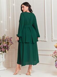 Modelyn 大碼貼花燈籠袖繫腰帶連衣裙 - 墨綠色 - 查看 4