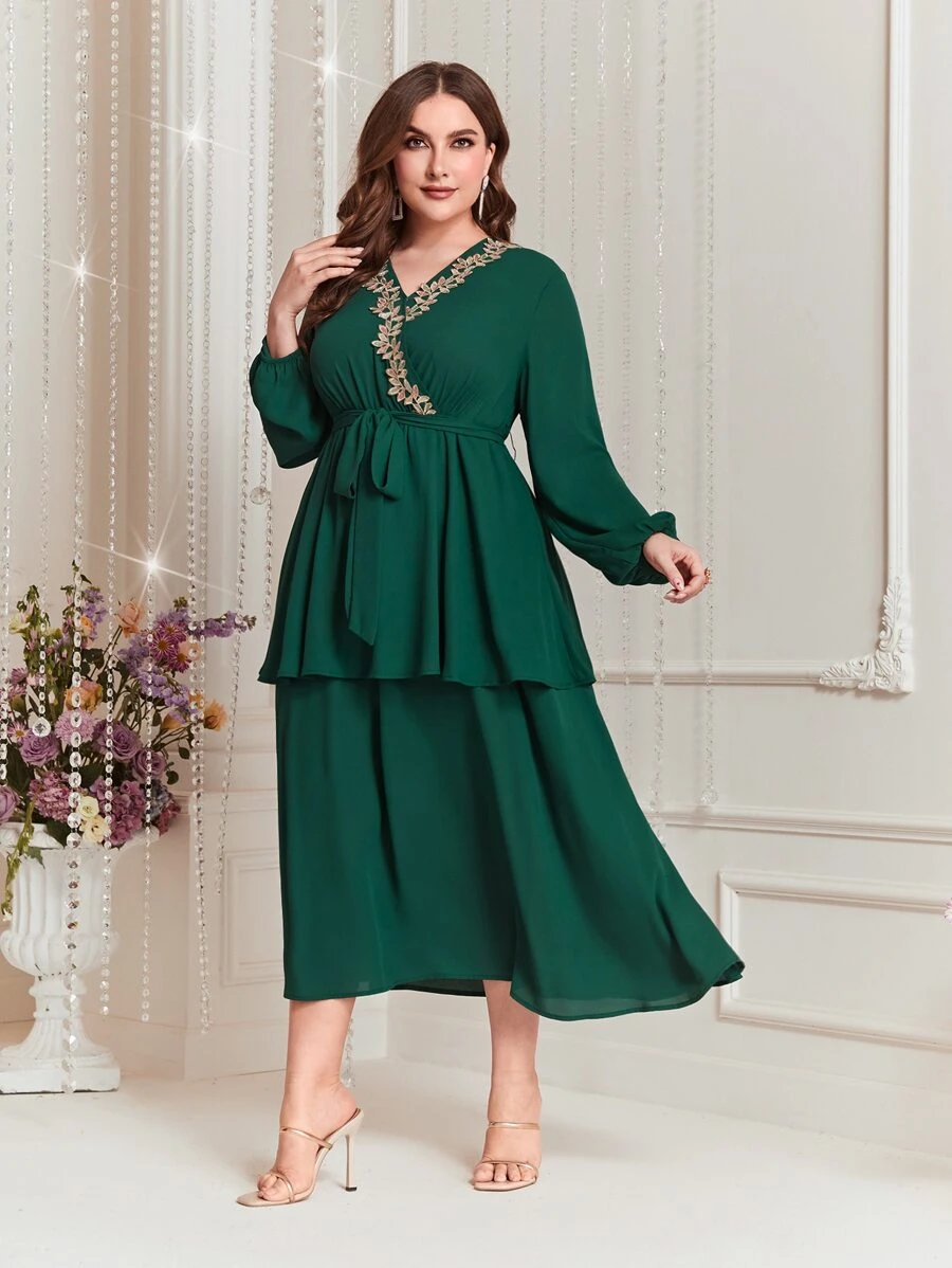 Modelyn 大碼貼花燈籠袖繫腰帶連衣裙 - 墨綠色 - 查看 1