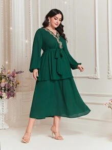 Modelyn 大碼貼花燈籠袖繫腰帶連衣裙 - 墨綠色 - 查看 5