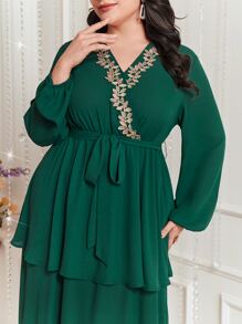 Modelyn 大碼貼花燈籠袖繫腰帶連衣裙 - 墨綠色 - 查看 6