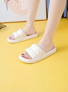 Women Textured Single Band Slides, Fashionable Outdoor PVC Slippers - Apricot - View 1
