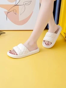 Women Textured Single Band Slides, Fashionable Outdoor PVC Slippers - Apricot - View 2