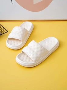 Women Textured Single Band Slides, Fashionable Outdoor PVC Slippers - Apricot - View 3