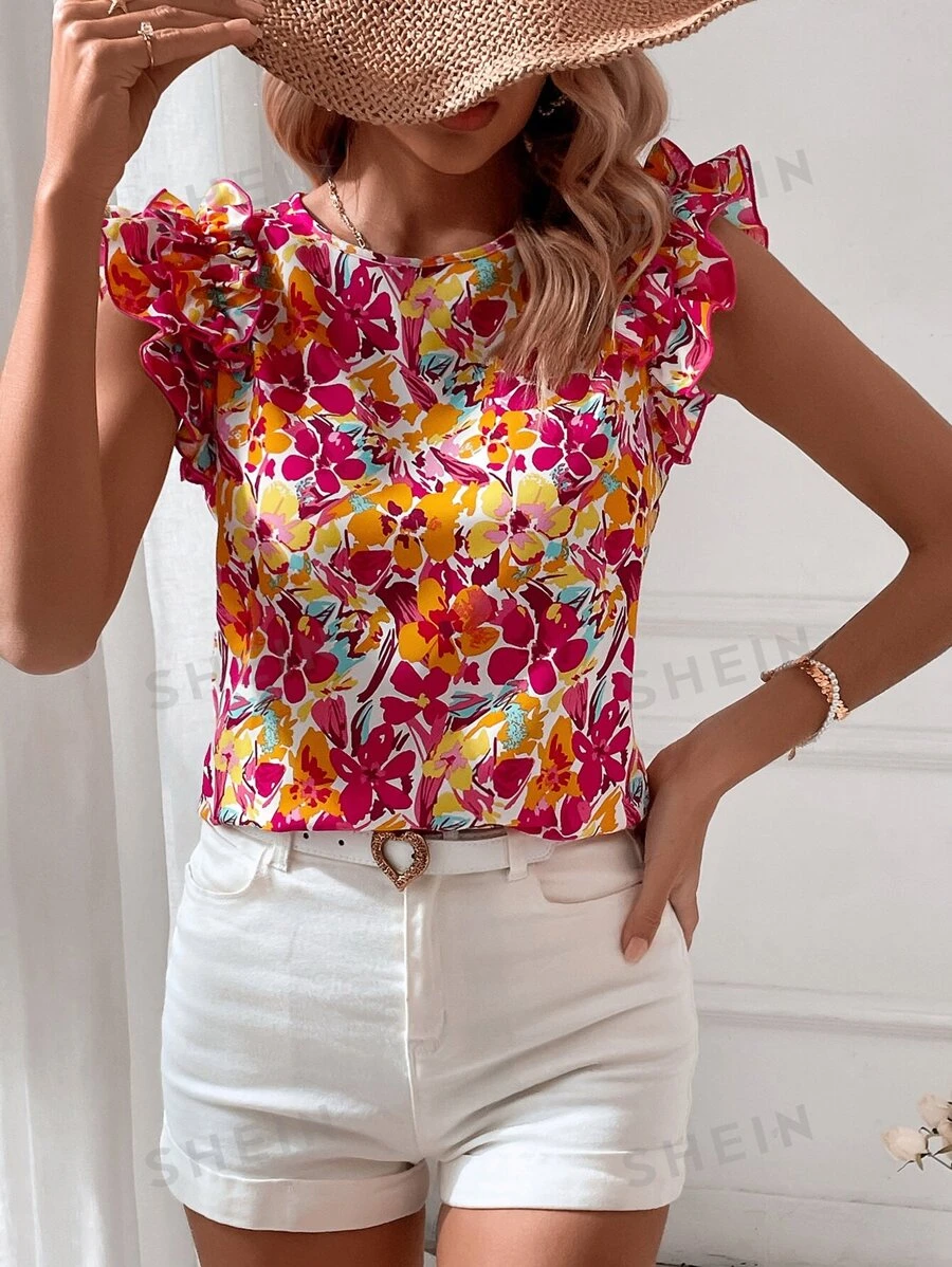 SHEIN VCAY Blusa con estampado floral todo sobre y volantes, parte superior sin mangas
