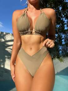 Swim Vcay 露肩三角高腰泳衣套裝，適用於夏季沙灘 - 軍綠色 - 查看 3