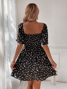 SHEIN VCAY Ditsy Floral Print Square Neck Puff Sleeve Dress - Black - View 5