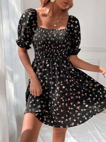 SHEIN VCAY Ditsy Floral Print Square Neck Puff Sleeve Dress - Black - View 3