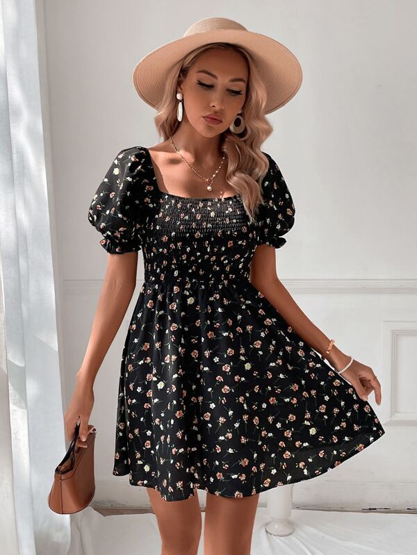 SHEIN VCAY Robe Imprim?� Floral ?? Col Carr?� Manches Bouffantes | Mode en ligne | SHEIN FRANCE
