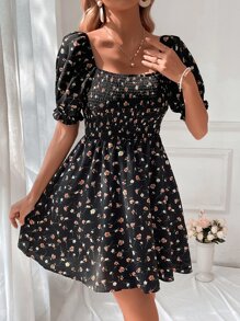 SHEIN VCAY Ditsy Floral Print Square Neck Puff Sleeve Dress - Black - View 2