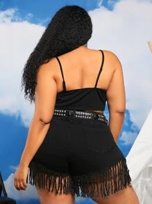 SHEIN CURVE+ Quần short denim oversized Nút mép Túi Dây kéo màu trơn - màu đen - Xem 4