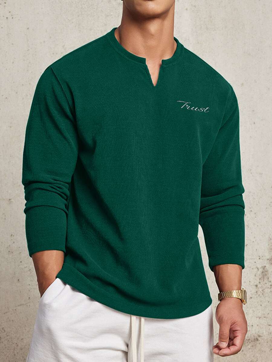 Manfinity Homme Loose Fit Men's Letter Graphic Notched Neck Tee - Green - View 1