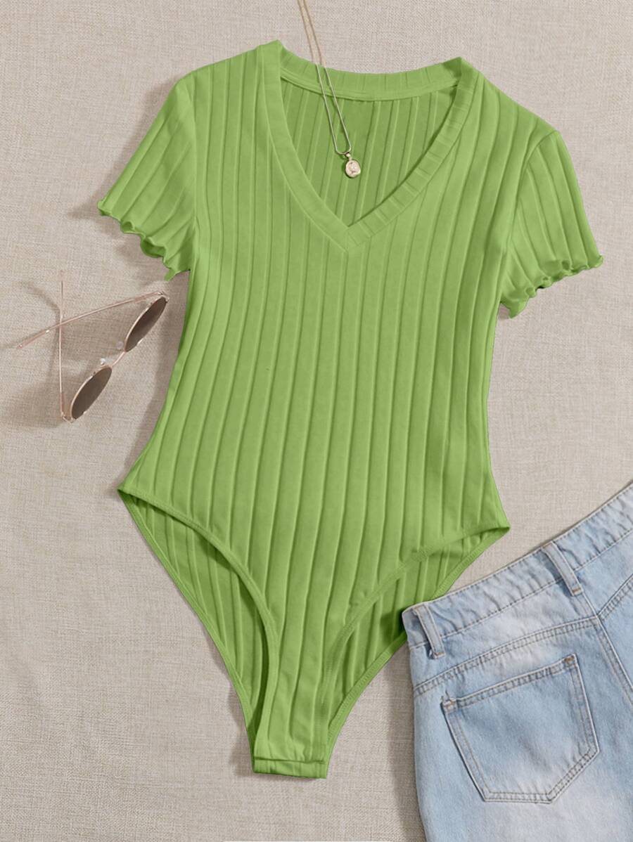 SHEIN EZwear 亮绿色加大码极简休闲短袖连体衣 - 青檸色 - 查看 1