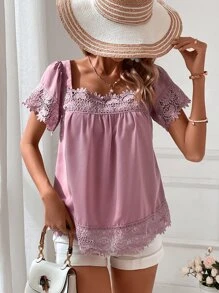 SHEIN VCAY 蕾絲拼接方領襯衫 - 紫丁香色 - 查看 2