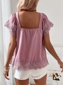 SHEIN VCAY 蕾絲拼接方領襯衫 - 紫丁香色 - 查看 3