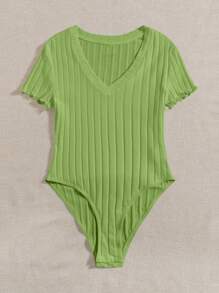 SHEIN EZwear 亮绿色加大码极简休闲短袖连体衣 - 青檸色 - 查看 3