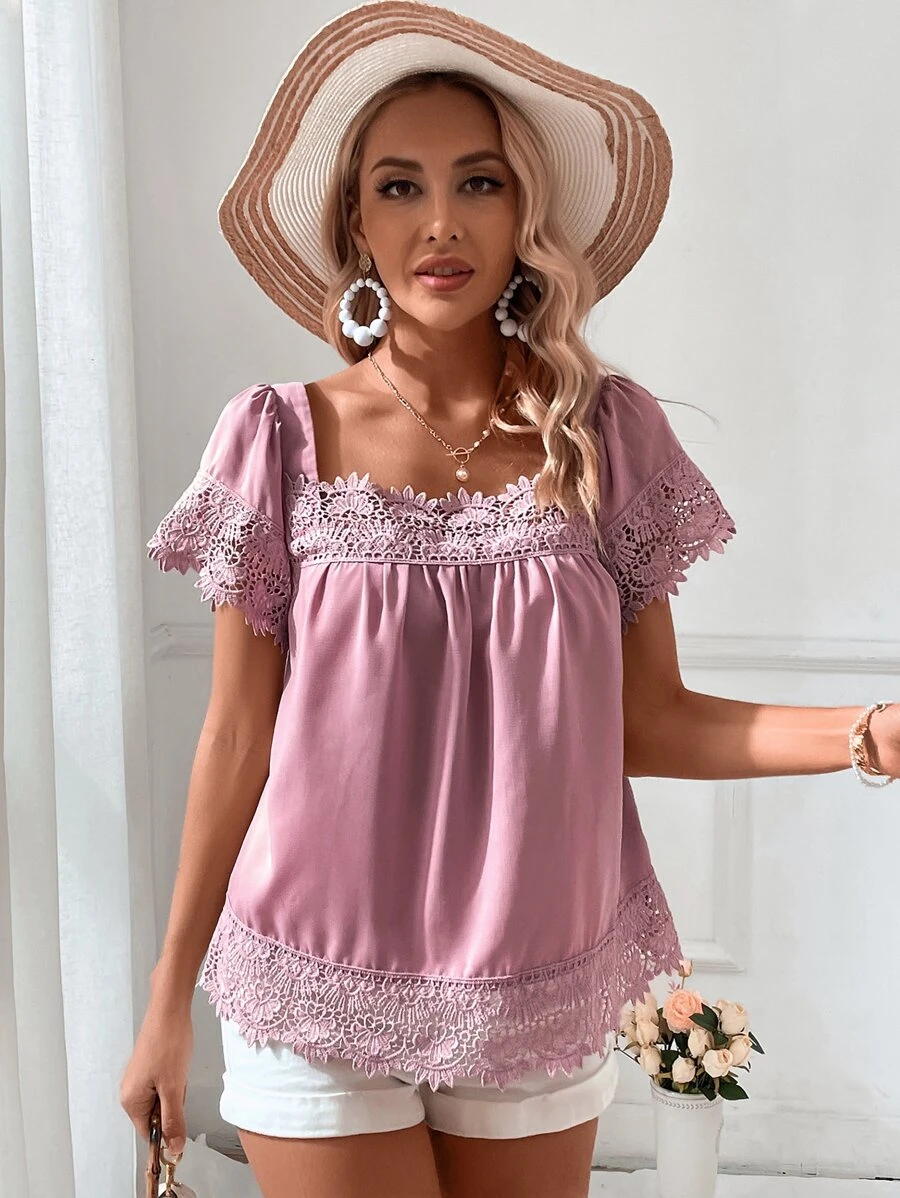 SHEIN VCAY 蕾絲拼接方領襯衫 - 紫丁香色 - 查看 1