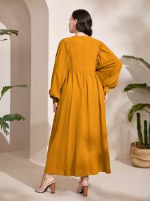 Mulvari 大碼幾何印花燈籠袖娃娃裙 - 芥末黃 - 查看 3