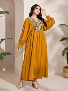 Mulvari 大碼幾何印花燈籠袖娃娃裙 - 芥末黃 - 查看 4