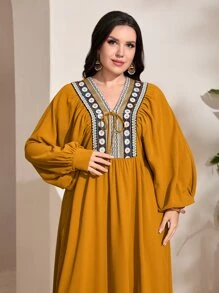 Mulvari 大碼幾何印花燈籠袖娃娃裙 - 芥末黃 - 查看 5