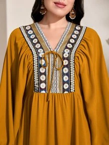 Mulvari 大碼幾何印花燈籠袖娃娃裙 - 芥末黃 - 查看 6